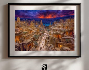 Fantasy Ancient City Print, Surreal Landscape Wall Art, Dramatic Sky Decor