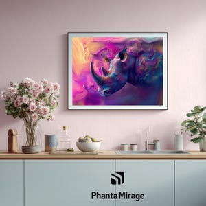 May include: A framed art print depicting a rhino in an abstract style. The rhino's profile is visible, with a prominent horn, set against a backdrop of swirling pink, purple, and yellow colours. The print is framed with a black border.