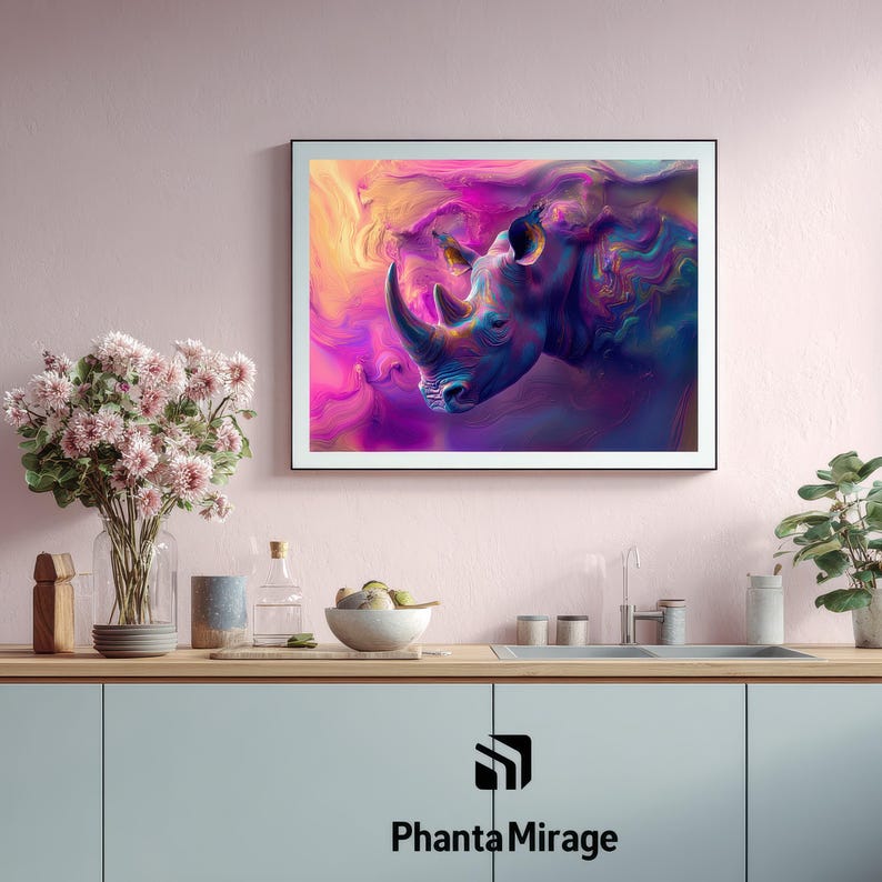 May include: A framed art print depicting a rhino in an abstract style. The rhino's profile is visible, with a prominent horn, set against a backdrop of swirling pink, purple, and yellow colours. The print is framed with a black border.