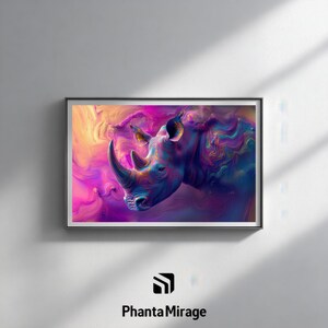 Colorful Surreal Rhino Wall Art, Abstract Fantasy Creature Print, Vibrant Interior Decor, Dreamlike Statement Poster image 7