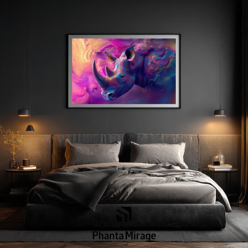 May include: A framed art print depicting a digitally painted rhinoceros. The artwork uses a vivid palette of purple, pink, and blue, producing a striking visual impact. The rhino's form is detailed, set against an abstract background.