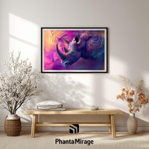 May include: A framed art print depicting an abstract rhino. The artwork features a rhino's head and horn, with a swirling blend of purple, blue, and yellow colours. The print is displayed on a white wall above a wooden bench.