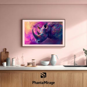 May include: A framed artwork showcasing a colourful, abstract rhino portrait. The rhino is rendered in blues, purples, and pinks, set against a swirling backdrop of similar hues. The artwork is displayed in a kitchen setting.