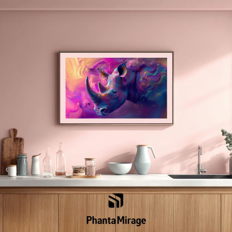 May include: A framed artwork showcasing a colourful, abstract rhino portrait. The rhino is rendered in blues, purples, and pinks, set against a swirling backdrop of similar hues. The artwork is displayed in a kitchen setting.