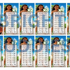 Op de afbeelding: Een set van twaalf educatieve bladwijzers met vermenigvuldigingstafels, voorzien van het personage Moana tegen een tropische strandachtergrond. Elke bladwijzer toont een specifieke tafel van vermenigvuldiging van één tot elf, met ruimte voor naam.