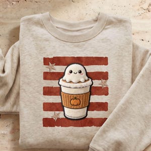Ghost Pumpkin Spice Latte PNG | Cozy Fall Coffee 3D Plush Faux Patch, Preppy Spooky Season Aesthetic Autumn Shirt DTF Design // SPKST