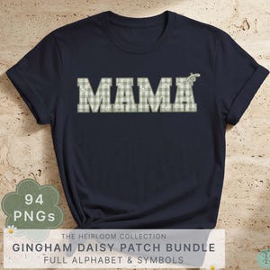 Pacote de Patches Personalizados com Nome | Alfabeto Floral PNG, Letras Xadrez Vichy Verde Sálvia, Design DTF de Sublimação com Bordado Falso de Margaridas