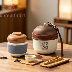 May include: A tea set featuring a white bowl with a ribbed grey silicone sleeve and a brown lid, alongside a cream-coloured insulated tea container with a brown zippered lid, a small white tea cup, and wooden tongs on a bamboo mat.