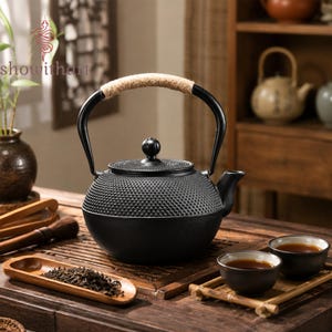 Peut inclure: Une théière en fonte noire avec un motif texturé en relief sur la partie supérieure, une base lisse et une anse incurvée enveloppée de corde beige clair. La théière comprend un couvercle assorti avec un bouton et un bec verseur court.