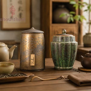 以下が含まれることがあります： 蓋付きの陶器製茶筒2点。左側の茶筒は円筒形で、メタリックゴールドとダークグレーの斑点模様の仕上げが施され、Parkerと書かれた長方形の木製タグが付いています。右側の茶筒は緑色で、溝のある質感の表面をしています。