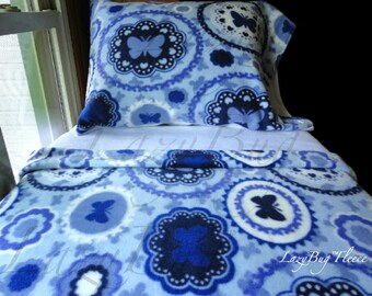 Toddler Girl Fleece Bedding Set 'Butterfly Blue' Handmade Fits Crib and Toddler Beds