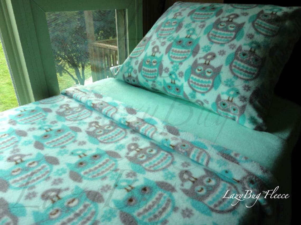 Owl Bedding Set Girls Toddler Aqua Fleece Bedding Set Handmade Etsy