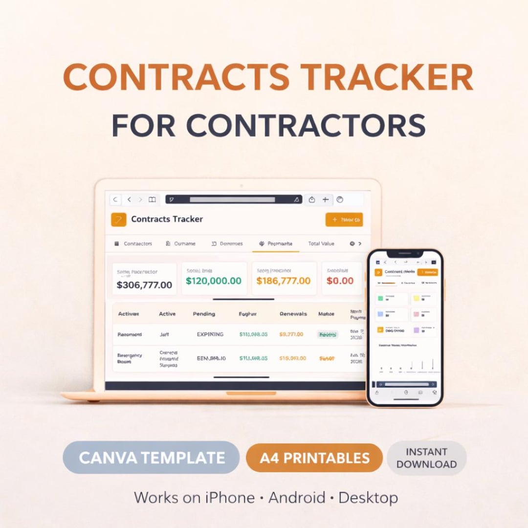 Contracts Tracker for Contractors | Canva Template + A4 Printables ...