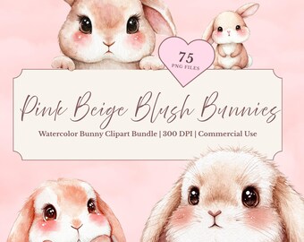 Watercolor Bunny Clipart, Pink Beige Blush, Nursery Art (PNG Files)
