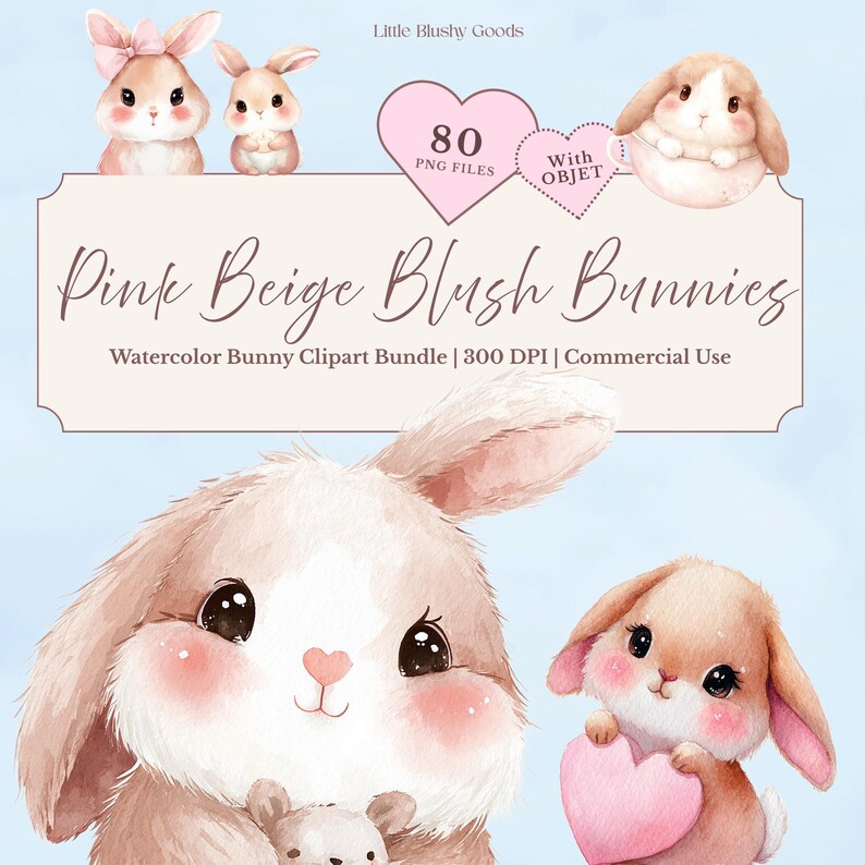 Watercolor Bunny Clipart, Pink Beige Blush, 80 PNG Files - Etsy