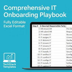 May include: A teal graphic with the text "Comprehensive IT Onboarding Playbook" and "Fully Editable Excel Format." A laptop displays a spreadsheet with IT onboarding steps. The TechStack Templates logo is in the lower left.