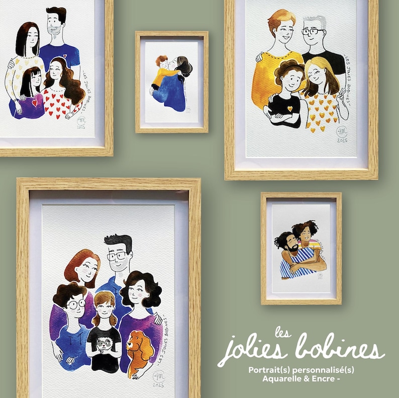 Personalized portraits, watercolor and ink, A4 or A3 300g paper, from 1 photo or more, ready to be framed/gifted, Jolies Bobines image 1