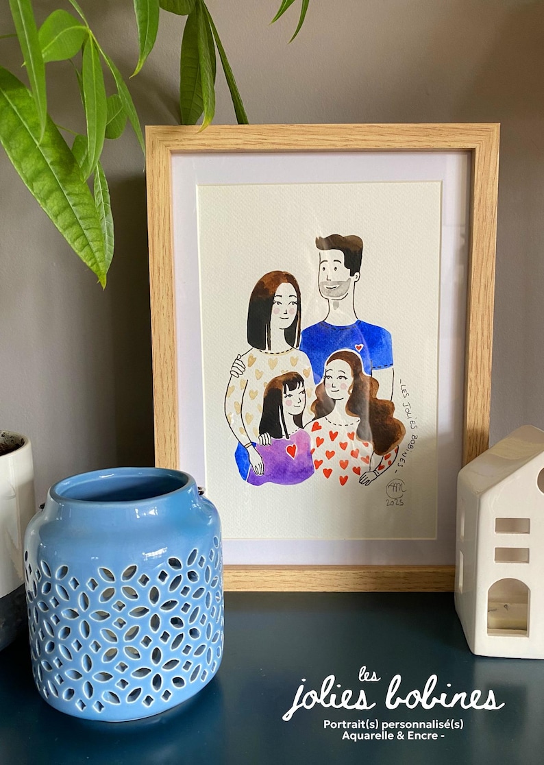 Personalized portraits, watercolor and ink, A4 or A3 300g paper, from 1 photo or more, ready to be framed/gifted, Jolies Bobines image 3