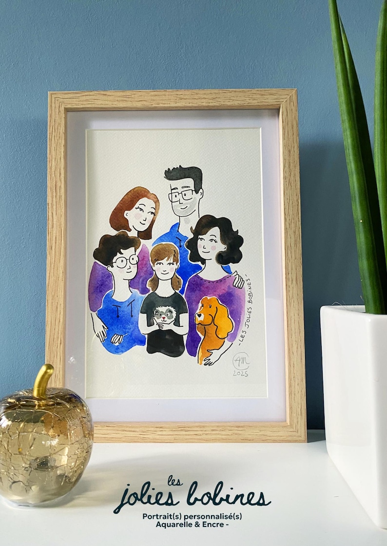 Personalized portraits, watercolor and ink, A4 or A3 300g paper, from 1 photo or more, ready to be framed/gifted, Jolies Bobines image 2