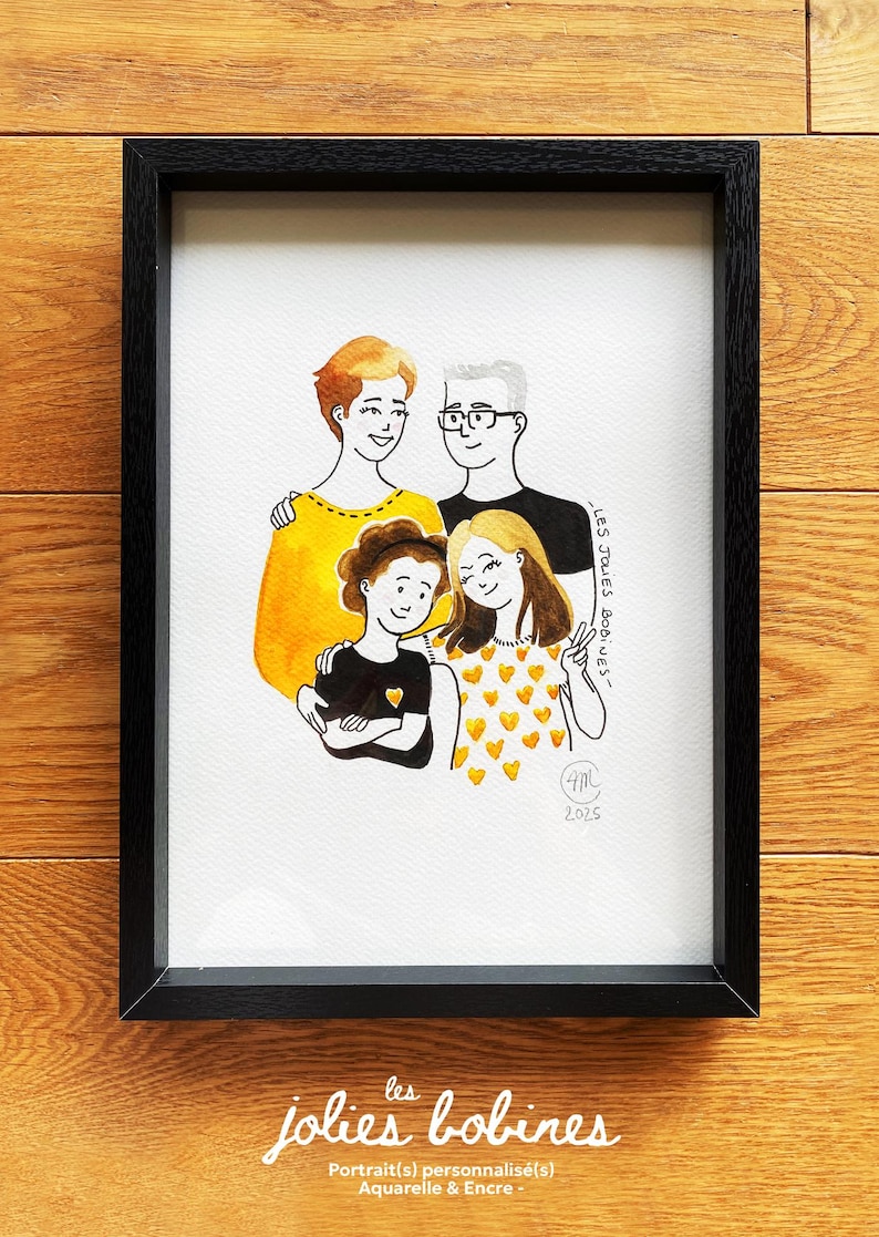 Personalized portraits, watercolor and ink, A4 or A3 300g paper, from 1 photo or more, ready to be framed/gifted, Jolies Bobines image 4