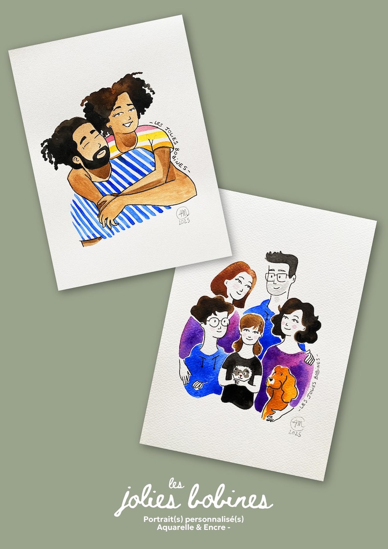 Personalized portraits, watercolor and ink, A4 or A3 300g paper, from 1 photo or more, ready to be framed/gifted, Jolies Bobines image 6
