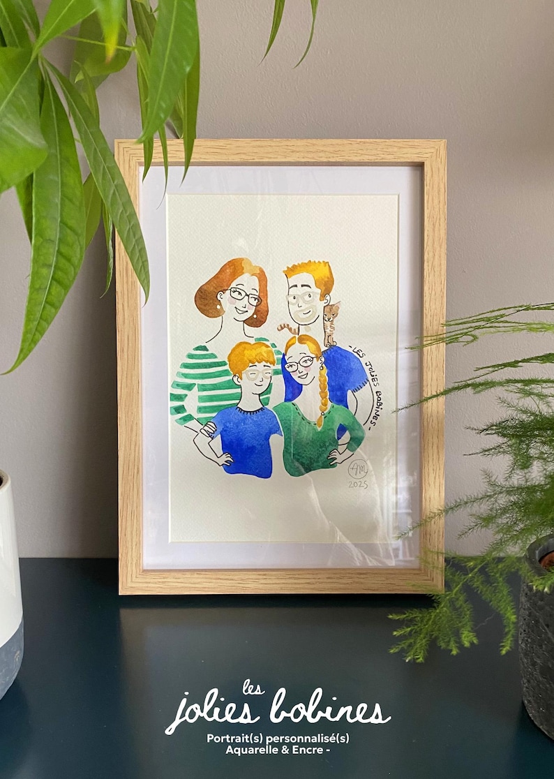 Personalized portraits, watercolor and ink, A4 or A3 300g paper, from 1 photo or more, ready to be framed/gifted, Jolies Bobines image 5