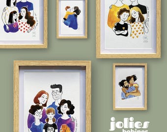 Portraits personnalisés, Aquarelle & Encre, Papier A4 ou A3 300g, à partir d'1 photo ou plus, prêt à être encadré/offert, Jolies Bobines