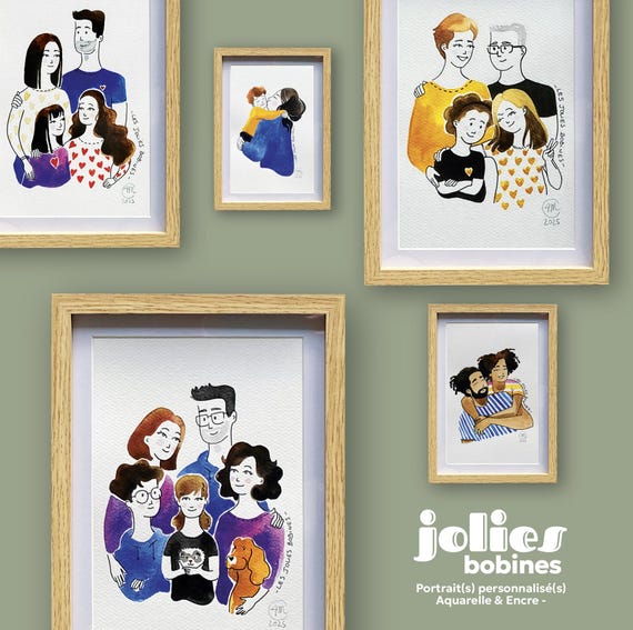 Portraits personnalisés, Aquarelle & Encre, Papier A4 ou A3 300g, à partir d'1 photo ou plus, prêt à être encadré/offert, Jolies Bobines
