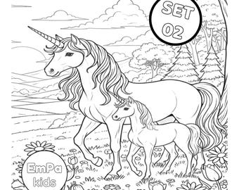 Peut inclure: Page de coloriage en noir et blanc avec deux licornes dans un pré. Le texte "Mal mit mir... EINHÖRNER" est en haut, avec "SET 02" dans un cercle. Le logo EmPa kids est en bas.