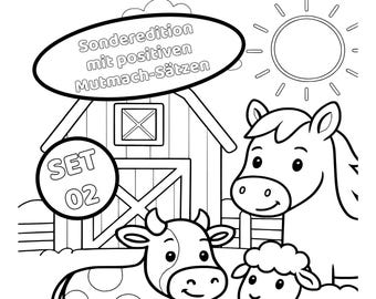 Peut inclure: Page de livre de coloriage en noir et blanc avec le texte "MAL MIT MIR... BAUERNHOFTIERE". L'image présente une ferme, un soleil et des animaux de la ferme de dessins animés, dont un cheval, une vache et un mouton. Comprend le texte "SET 02".
