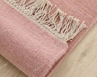 Hand Woven Wool Rug | Light Rose Solid Rug with Fringe