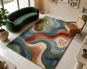 Alfombra de lana tejida a mano, alfombra abstracta con diseño de ondas topográficas, color verde, azul y óxido, ideal para decorar la sala de estar.
