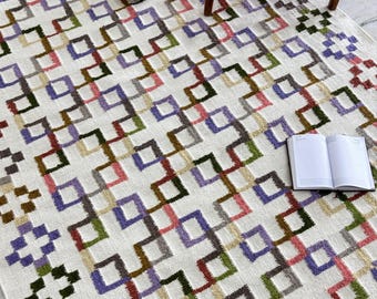 Rainbow Chunky Wool Rug – Handmade Colorful Geometric Flatweave Carpet, Bright Boho Home Decor, Customizable