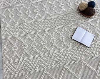 Tapis en laine tissé à la main – Tapis bouclé épais ivoire, style bohème chic pour salon