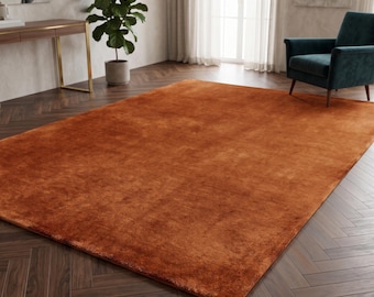 Hand-Tufted Wool Rug, Solid Russet Terracotta, Earth Tone Modern Minimalist Home