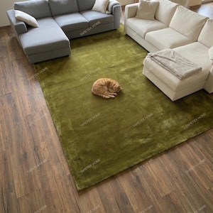 May include: A large, olive green rectangular rug with a plush texture, placed on a wooden floor. A curled-up orange tabby cat rests on the rug. Two gray and white sofas are in the background.