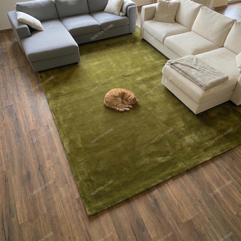 May include: A large, olive green rectangular rug with a plush texture, placed on a wooden floor. A curled-up orange tabby cat rests on the rug. Two gray and white sofas are in the background.