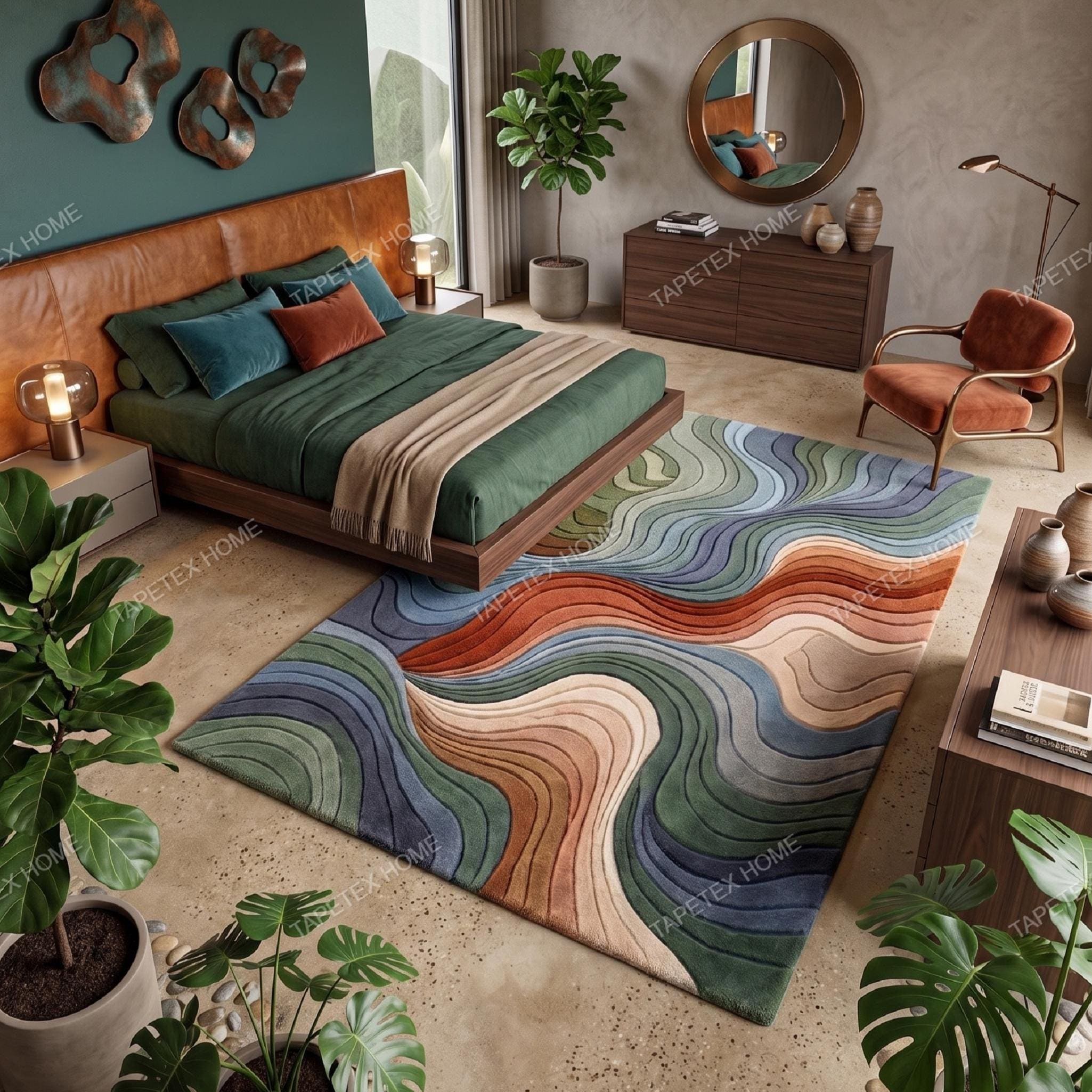 Hand Tufted Wool Rug, Abstract Topographic Wave Carpet, Green Blue Rust ...