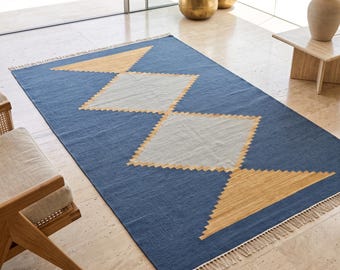 Handwoven Wool Kilim Rug – Navy Blue Geometric Scandinavian Flatweave Carpet