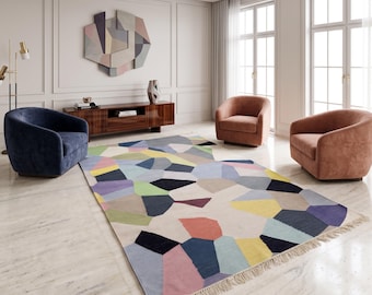 Alfombra Kilim de algodón tejida a mano – Alfombra moderna geométrica abstracta de tejido plano 4x6