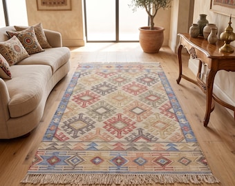 Handwoven Wool Kilim Rug – Geometric Tribal Flatweave Carpet, Southwestern Boho Home Décor