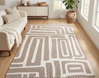 Handgeweven kelimwollen vloerkleed – geometrisch beige wit tapijt