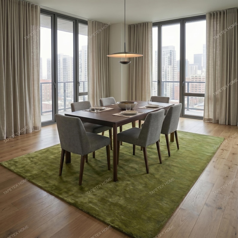 May include: A modern dining room with a dark brown rectangular table and six gray upholstered chairs. A green rug covers the floor, and large windows with beige curtains offer a city view. A modern light fixture hangs above the table.