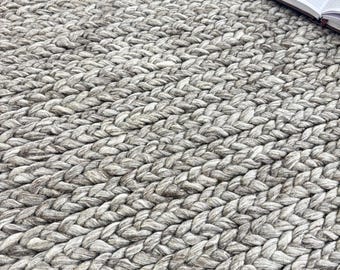 Hand Woven Cable Knit Wool Area Rug | Chunky Neutral Farmhouse Carpet | Bedroom Rug