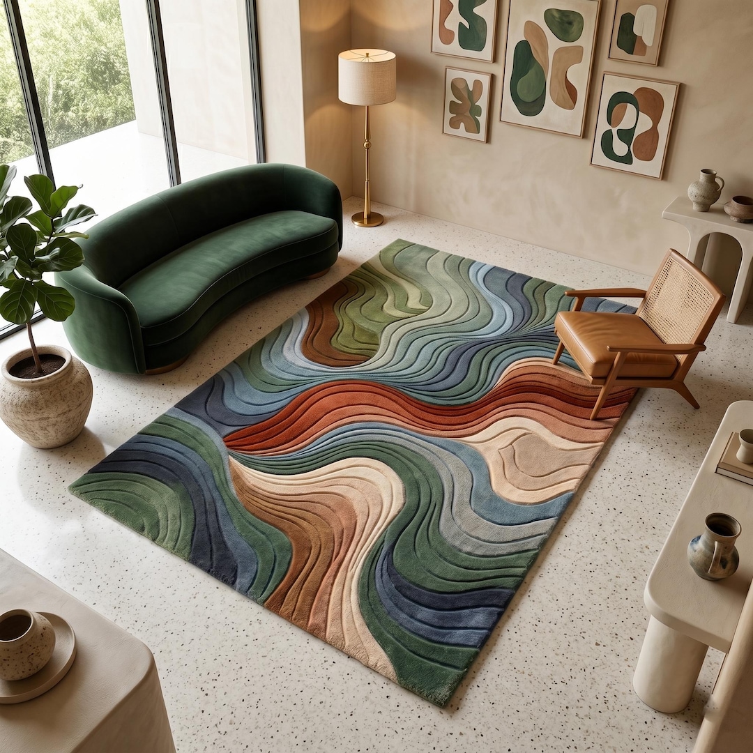 Hand Tufted Wool Rug, Abstract Topographic Wave Carpet, Green Blue Rust ...