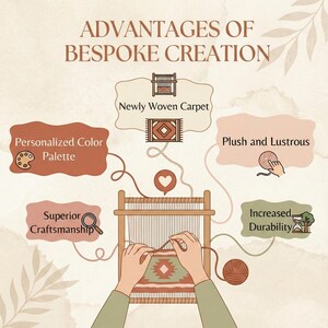 May include: An illustration showcasing the advantages of bespoke creation. The image highlights personalized color palettes, superior craftsmanship, and increased durability. Text includes "Advantages of Bespoke Creation", "Newly Woven Carpet", "Plush and Lustrous".