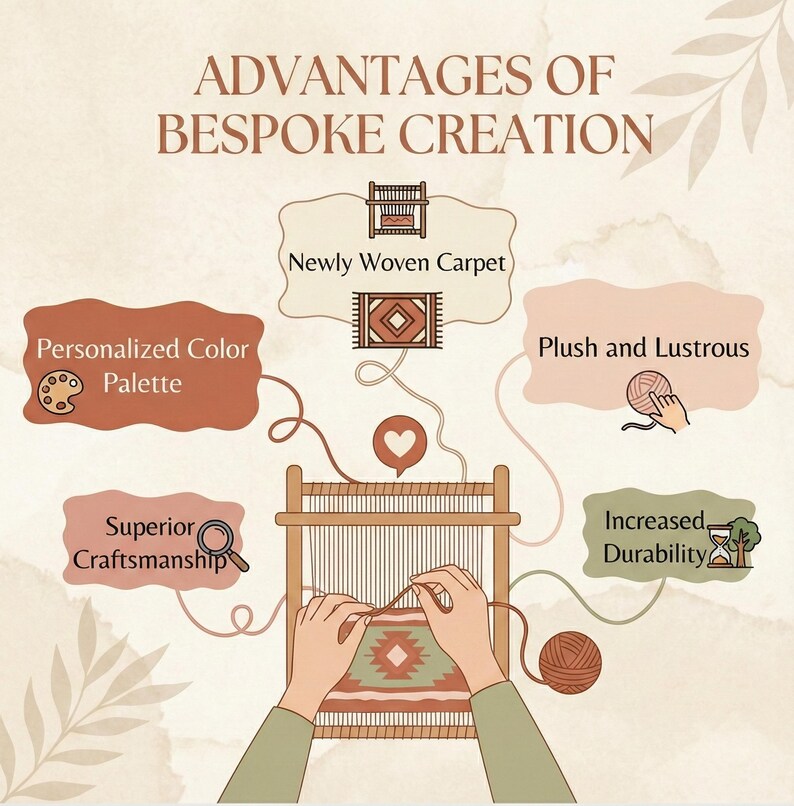 May include: An illustration showcasing the advantages of bespoke creation. The image highlights personalized color palettes, superior craftsmanship, and increased durability. Text includes "Advantages of Bespoke Creation", "Newly Woven Carpet", "Plush and Lustrous".