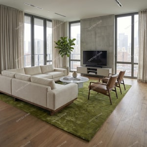 May include: A modern living room with a large sectional sofa, two leather chairs, and a green rug. A large TV is mounted on a concrete wall. The room has large windows with city views and beige curtains.
