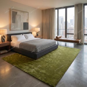 May include: A modern bedroom featuring a large bed with white linens and a gray bedspread. A large green rug covers the floor. The room has large windows with a city view, neutral curtains, and two bedside tables with lamps.