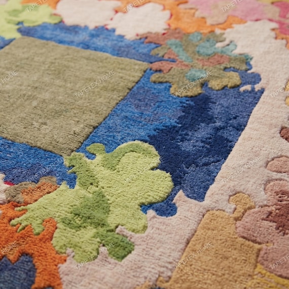 Abstract Wool Rug - Hand Tufted Art Carpet, Modern Green Blue Luxury Rug for Bedroom